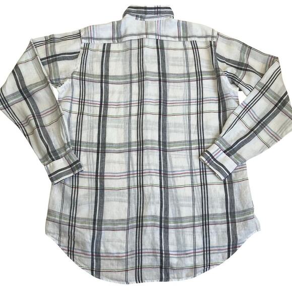 Thomas Dean Mens XL Tall 100% Linen Plaid Button Down Shirt White Multi Casual - Picture 14 of 16